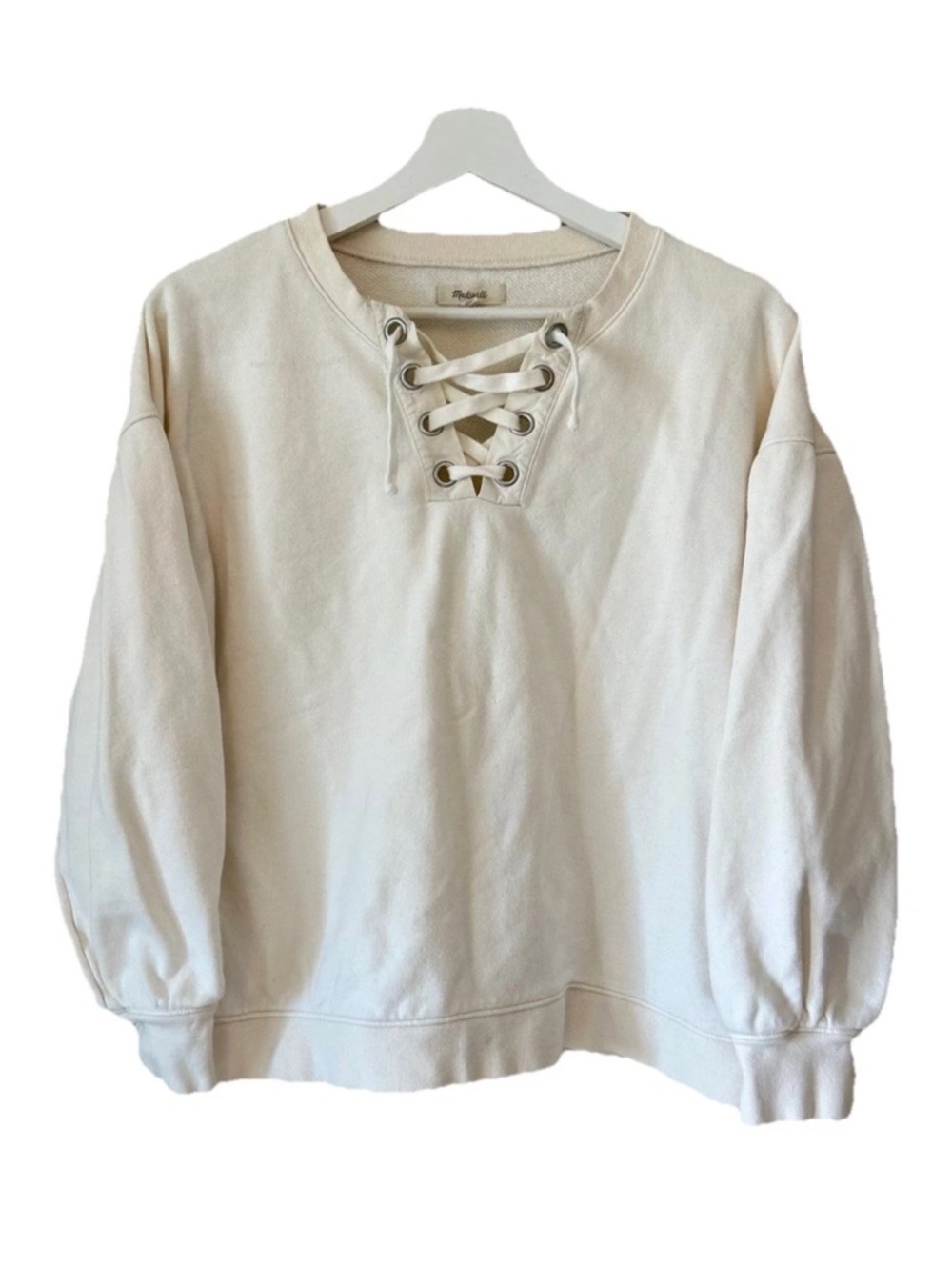 Madewell Lace-Up Henley Crewneck Sweatshirt in Cream - Women Size S - Picture 2 of 9